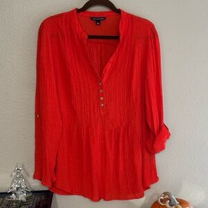Zac & Rachel Vibrant Red Gauze Blouse, Size XL — Button-Front V-Neck Tunic Top